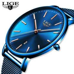 LIGE Mens Watches Top Brand Luxury Waterproof Ultra Thin Clock Blue Mesh Belt Fashon Casual Quartz Watch Men Sport Wrist Watch