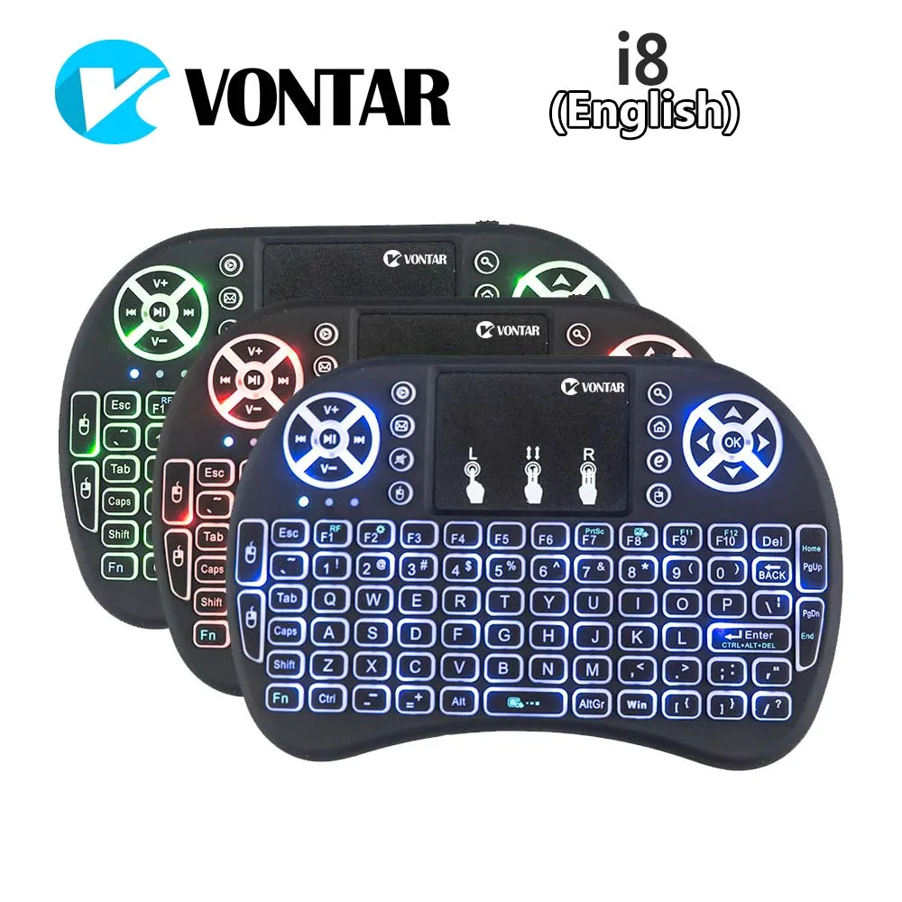 VONTAR i8 English Russian french Backlight Mini Wireless Keyboard 2.4GHz air mouse Backlit Touchpad Handheld for Android TV BOX