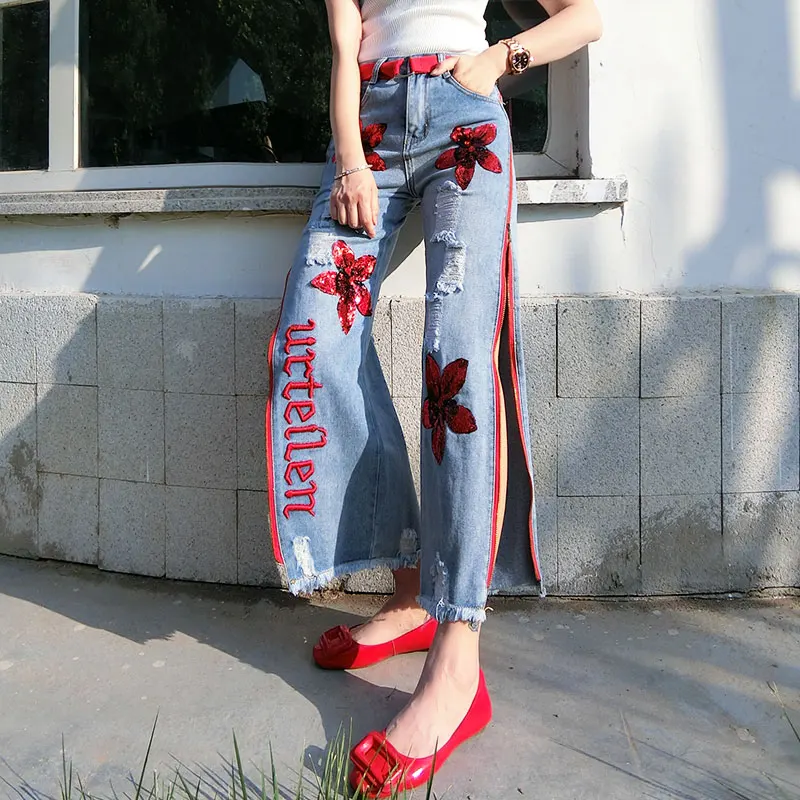 Spring summer ankle length jeans fashion high waist loose bf style embroidery split wide leg jeans women