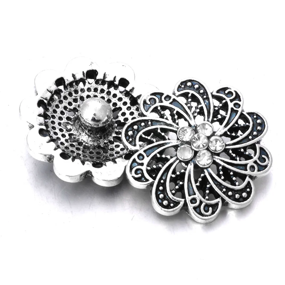 6pcs/lot New Snap Jewelry 18MM Rhinestone Flower Snap Buttons Hollow Out Snaps Fit Snap Bracelet Necklace for Women ZA539