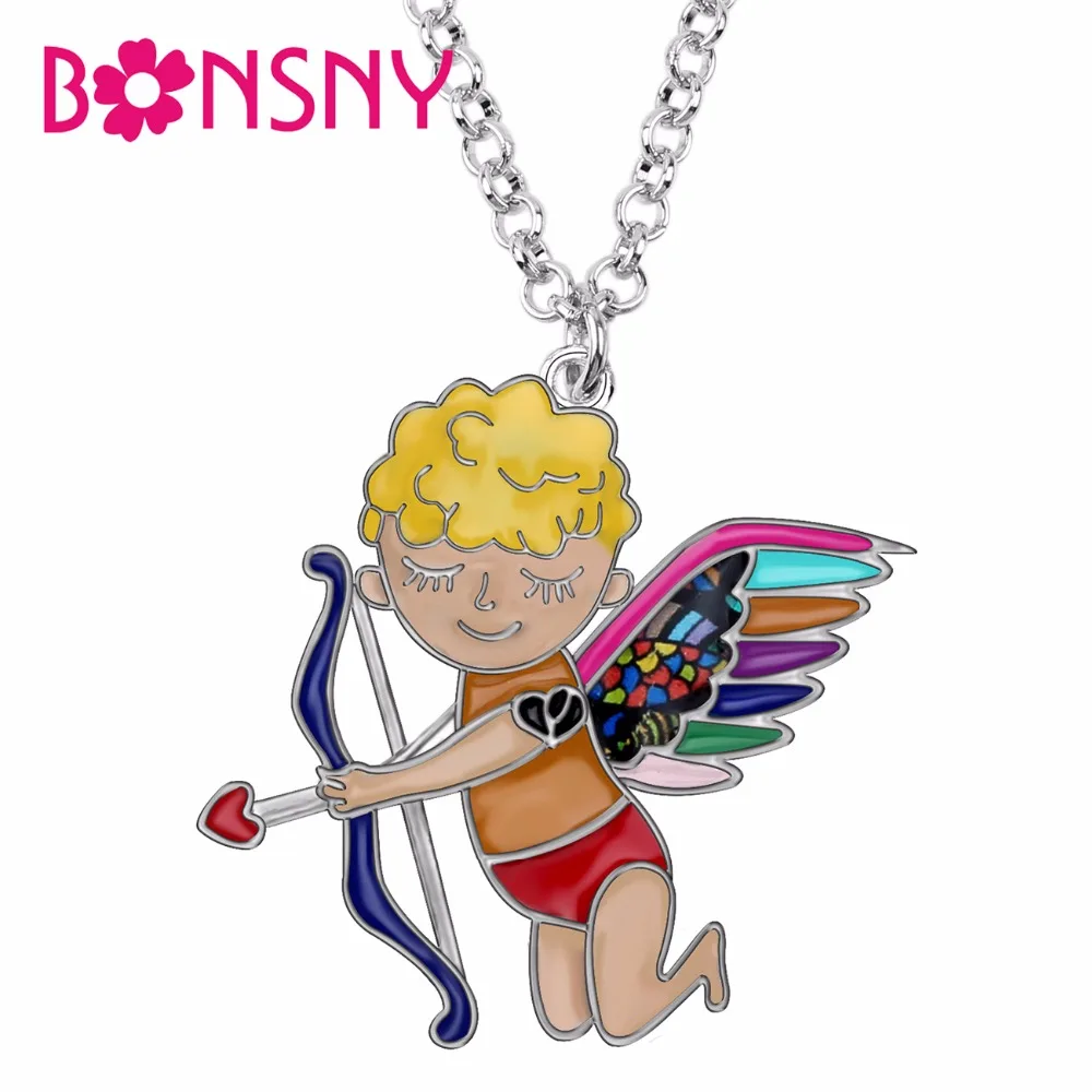 Bonsny Statement Alloy Enamel Angel Cupid Arrow Necklace Chain Pendant Collar Fashion Jewelry For Women Girls Lovers Gift Bijoux