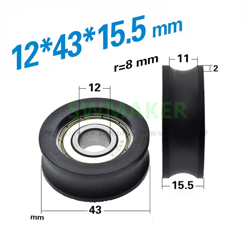 1pcs 12*43*15.5mm 6201zz U-groove 16mm track guide wheel, nylon, elevator over-wire guide wheel