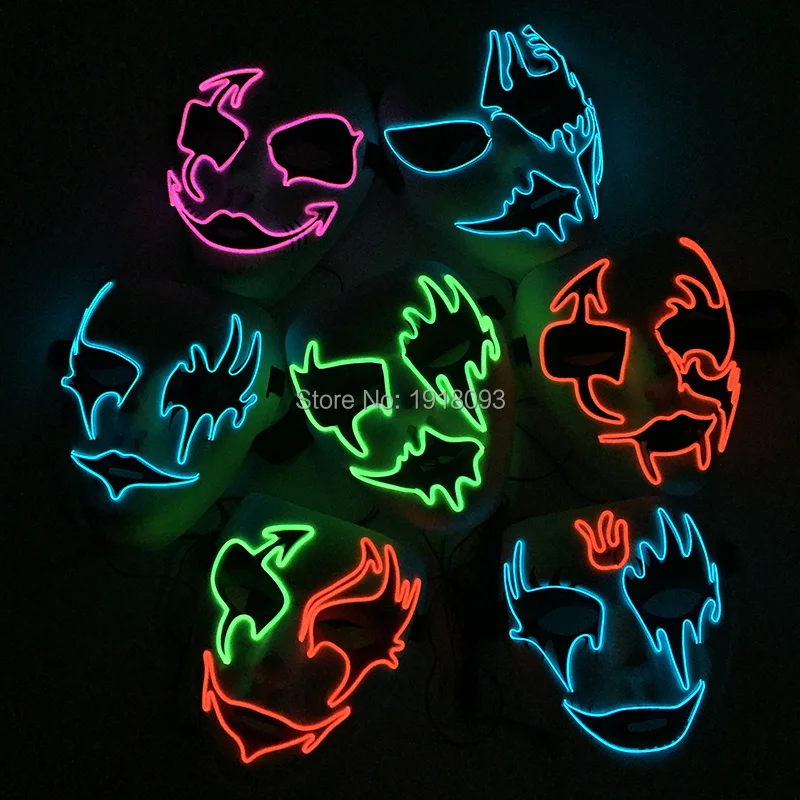 

7 New Style Cold Light Face Mask LED Strip EL Wire Blinking Costume Flashing props Masquerade supplies with 3V Inverter