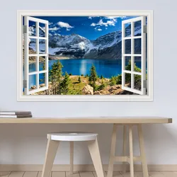 Modern 3D Large Landscape Wall Sticker, Snow Mountain Lake, Nature Window Frame View, Vinyl Home Decor, Living Room and Bedroom