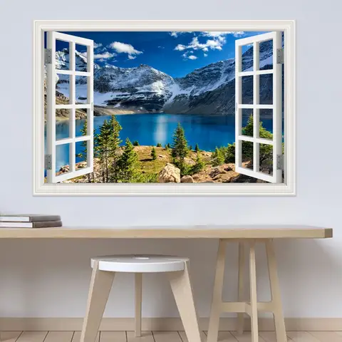 Modern 3D Large Landscape Wall Sticker, Snow Mountain Lake, Nature Window Frame View, Vinyl Home Decor, Living Room and Bedroom