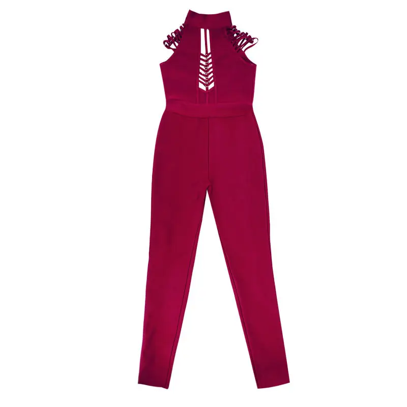 New Fashion mulheres bodycon jumpsuits bandagem vinho vermelho rayon malha bodysuit bandagem noite clube partido lápis calças casuais