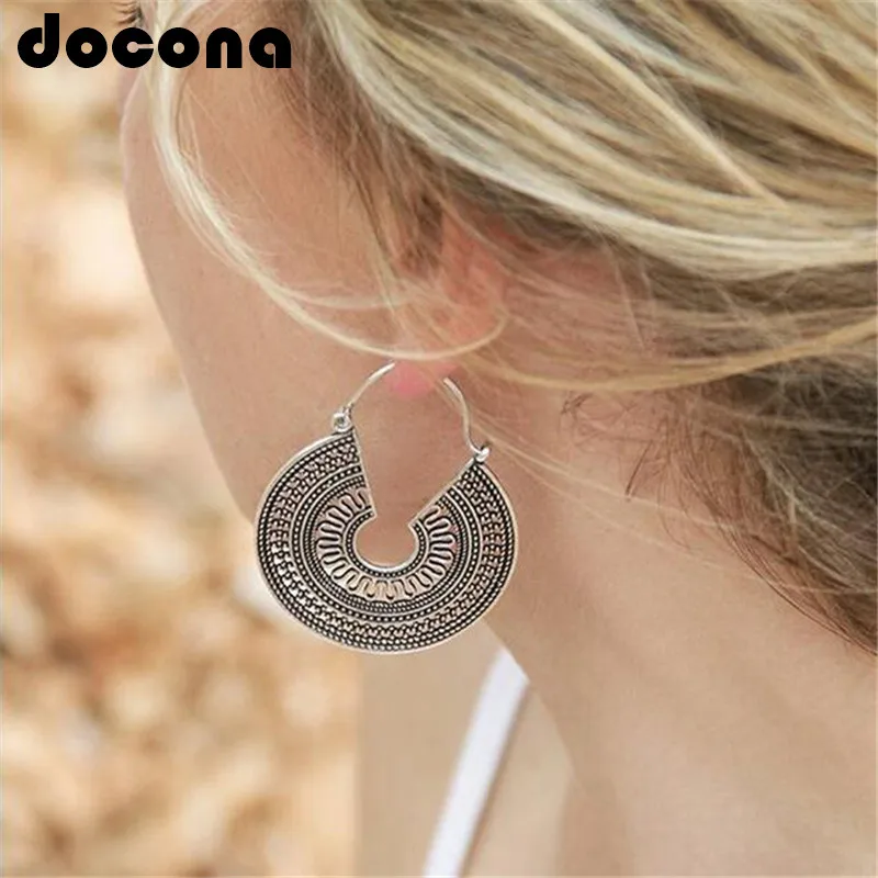 docona Vintage Antique Gold Black Silver Color Flower Metal Drop Earrings Punk Alloy Hoop Earring Brincos for Women Jewelry 5673