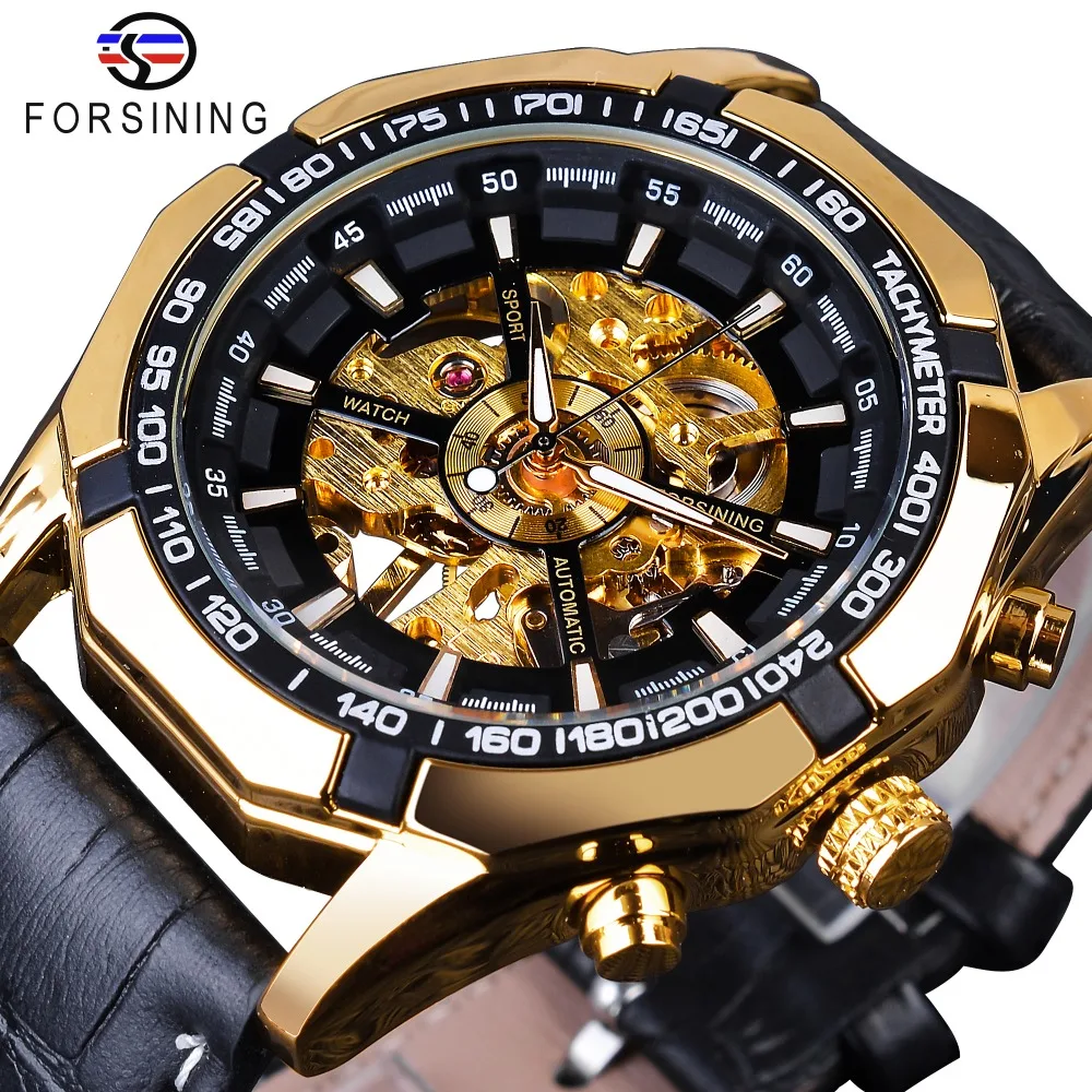 Forsining Waterproof Golden Black Skeleton Clock Two Button Decoration Mechanical Wrist Watches for Men Black Genuine Leather