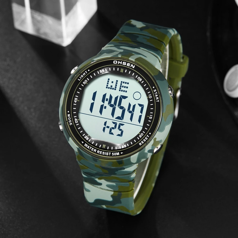 OHSEN – montre-bracelet de Sport numérique LCD pour hommes, Relogio Masculino, 50M de plongée, bracelet en Silicone, mode camouflage, vert de l'armée