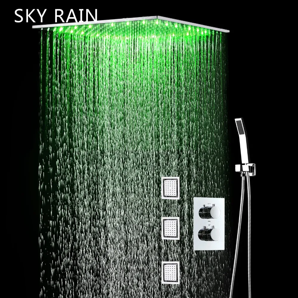 

Bathroom Ceiling Mounted 24 Inch 600*600mm LED Shower Head Faucet 4 Inch Massage Jets Shower Set Thermostatic Valve Mixer