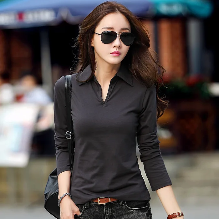 Spring Summer Polo Shirt Long Sleeve Cotton Fashion Women Pullovers Black White Tshirt Casual Tops Tees Korean Golf Clothes