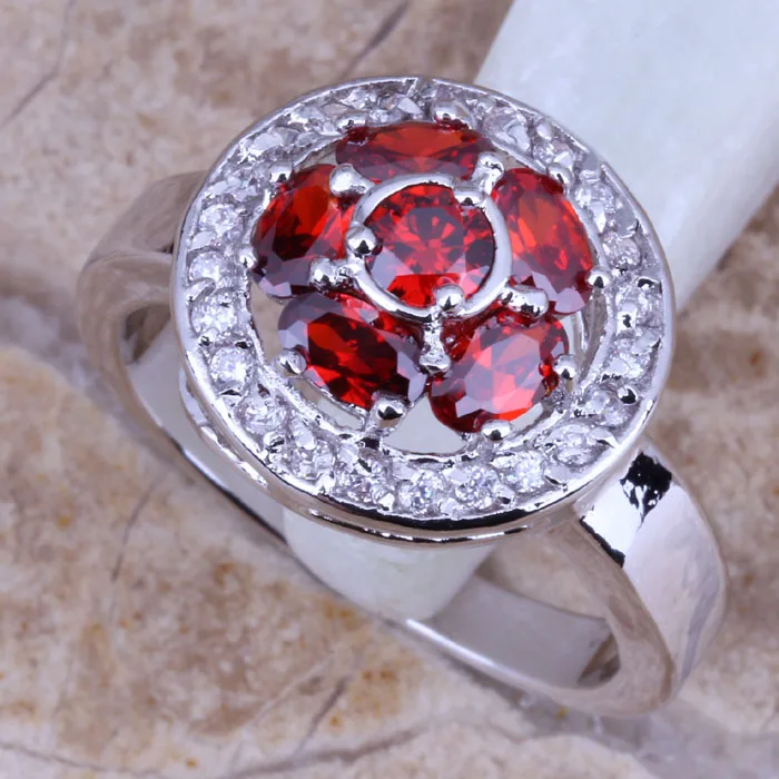 Divine Red Garnet White CZ Silver Plated  Ring Size 6 / 7 / 8 / 9 R0248