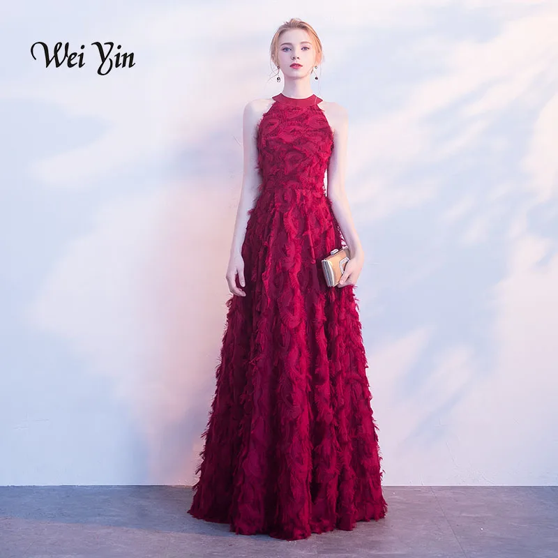 weiyin Burgundy Elegant Long Evening Dress Sexy Lace Feather Floor-length Prom Party Gown Cusotm Formal Dresses Vestido De Festa