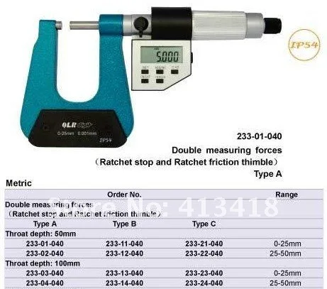 Deep throat Micrometers .Type A/B/C  25-50*100mm.1-2inch.Quality goods.233-04-040 Sheet metal micrometers