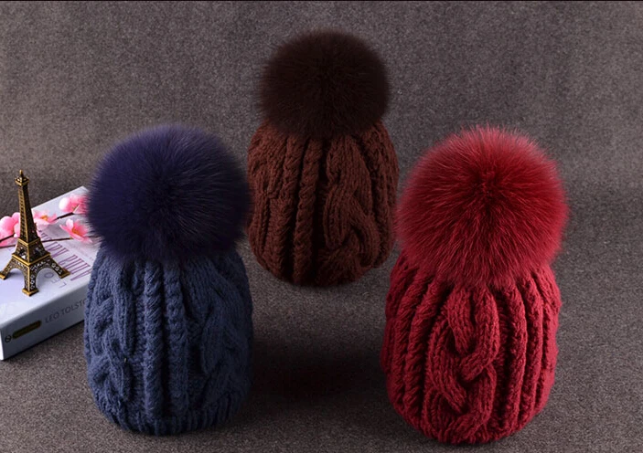 

BomHCS Cute Women Beanie Luxury Fur Hairball Autumn Winter Comfortable Warm 100% Handmade Knitted Hat