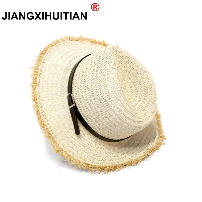 Women Natural Wide Brim Burr Raffia Straw Hats Fringe Women Plain Large Summer Belt Beach Caps Big Straw Cap chapeau 55-58cm