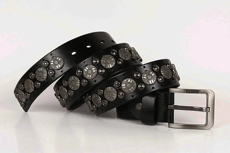 Punk style rivet belt men's leather belt Men's pin buckle belt men's vintage  large round rivet belt