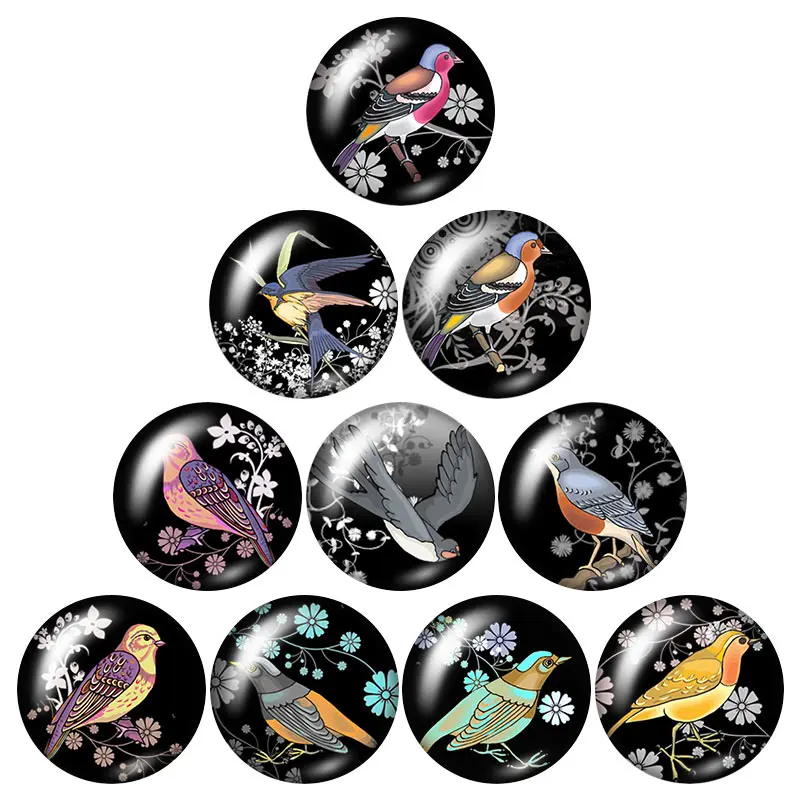 Beauty Vintage Birds Magpie 10pcs mixed 12mm/16mm/18mm/25mm Round photo glass cabochon demo flat back Making findings ZB0979