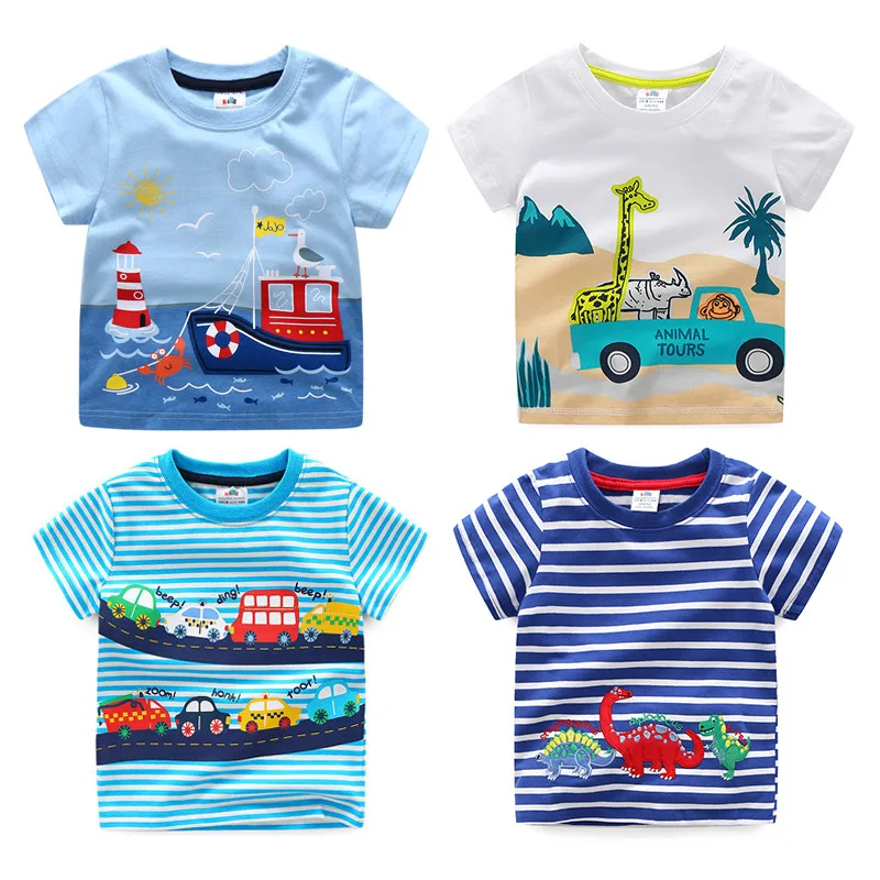 2024 Summer 2 3 4 5 6 8 10 Children's Clothing Dinosaur Car Stripe Print Short Sleeve Cotton Basic Tops Kids Boy Cartoon T-Shirt