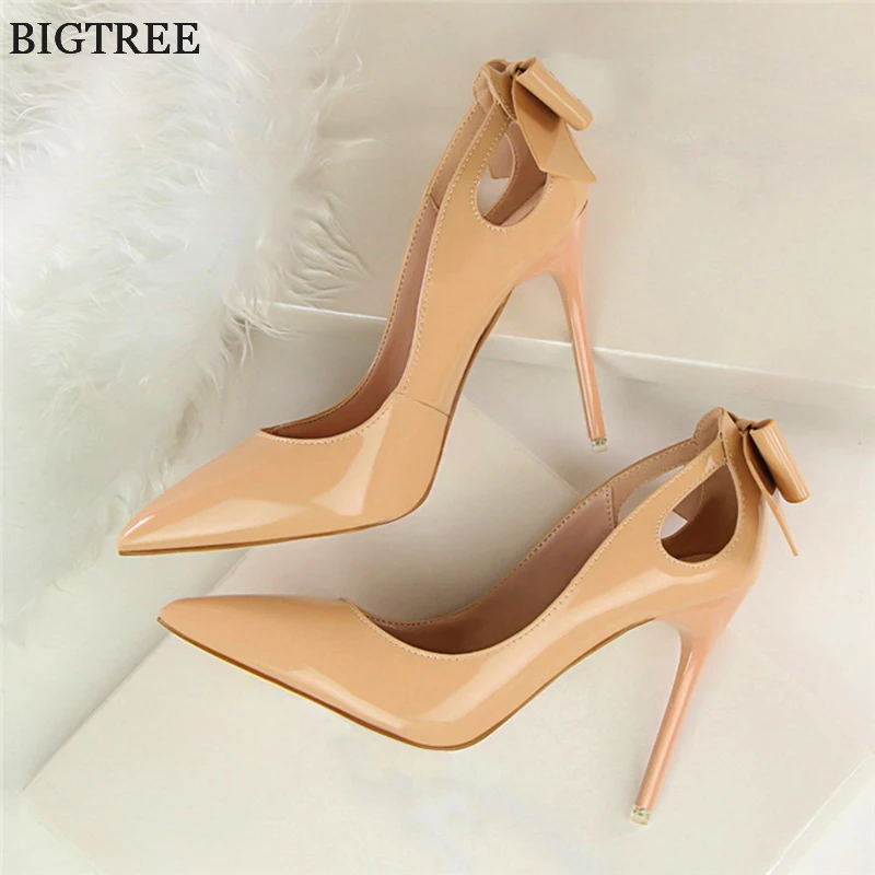 Spring Patent Leather Fashion Bowtie Women\'s Shoes Back Heel Cut-Outs Sexy Pumps Female High Heels Pointed Toe Dress Party Shoes