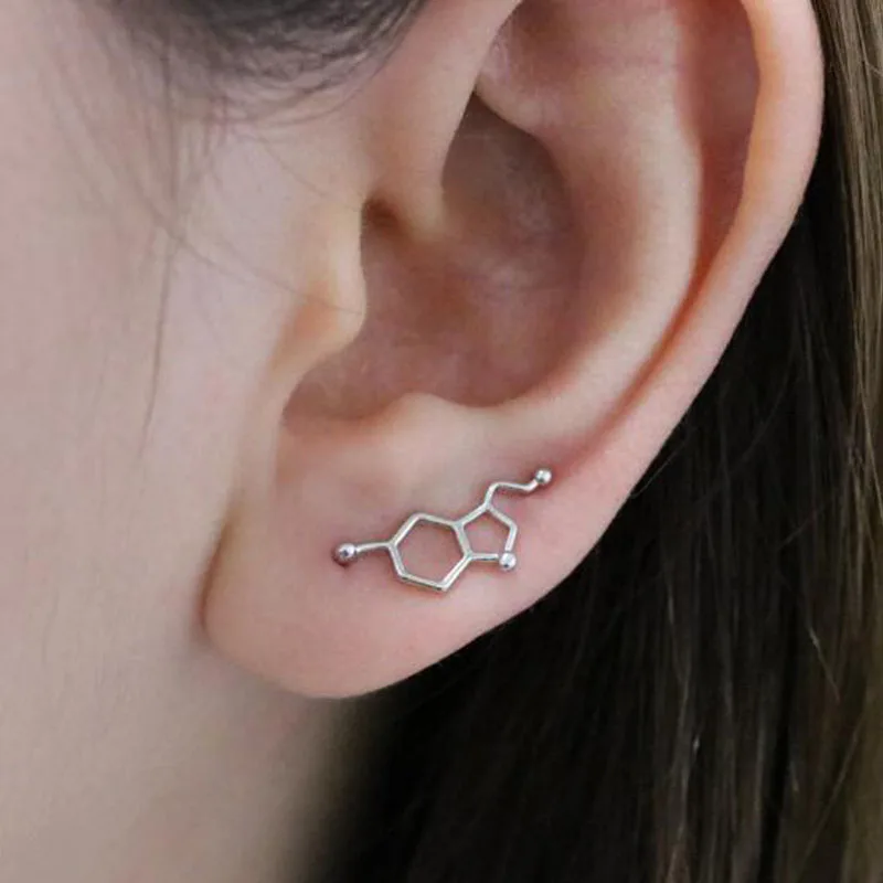 Jisensp New Fashion Serotonin Molecule Ear Climbers Earrings for Women Simple Korean Geometric Stud Earrings Jewelry Gifts