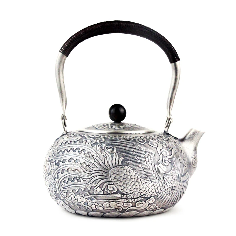 pure silver Kung Fu tea set, manual production pure silver 999 do old burn water kettle mention beam pot, office gift collection