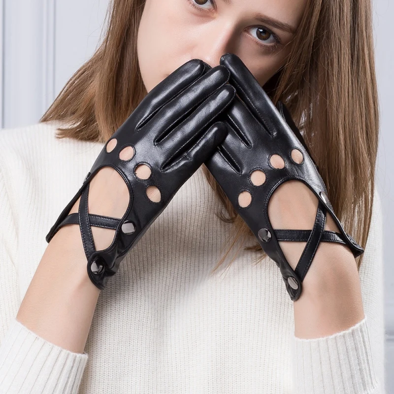 YY8800 Women Genuine Leather Short Thin Gloves With Holes Feminina Straps Cross Locomotive Rock Punk Club Luvas Driving Mitt