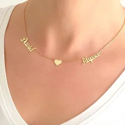 Collar personalizado de doble nombre con un corazón para amantes, collares con colgante de placa de nombre de acero inoxidable, BFF