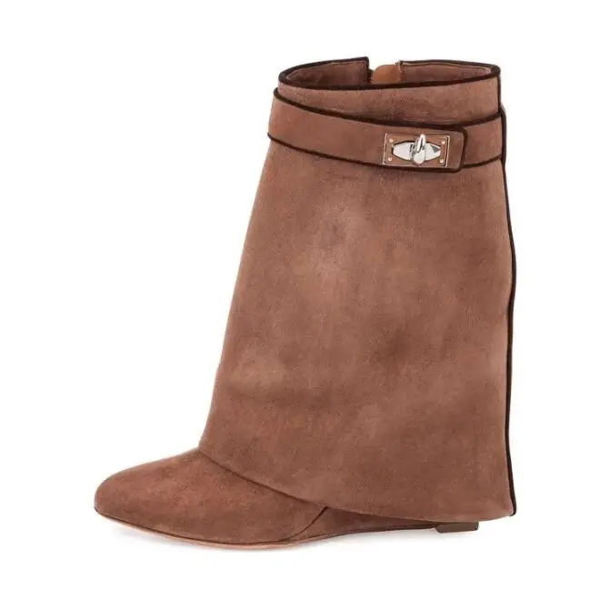 Beige Suede Shark Lock Boots Pointed Toe Height Increasing Women's Ankle Winter Runway Boots Size 10 Sexy Woman Ankle Boots