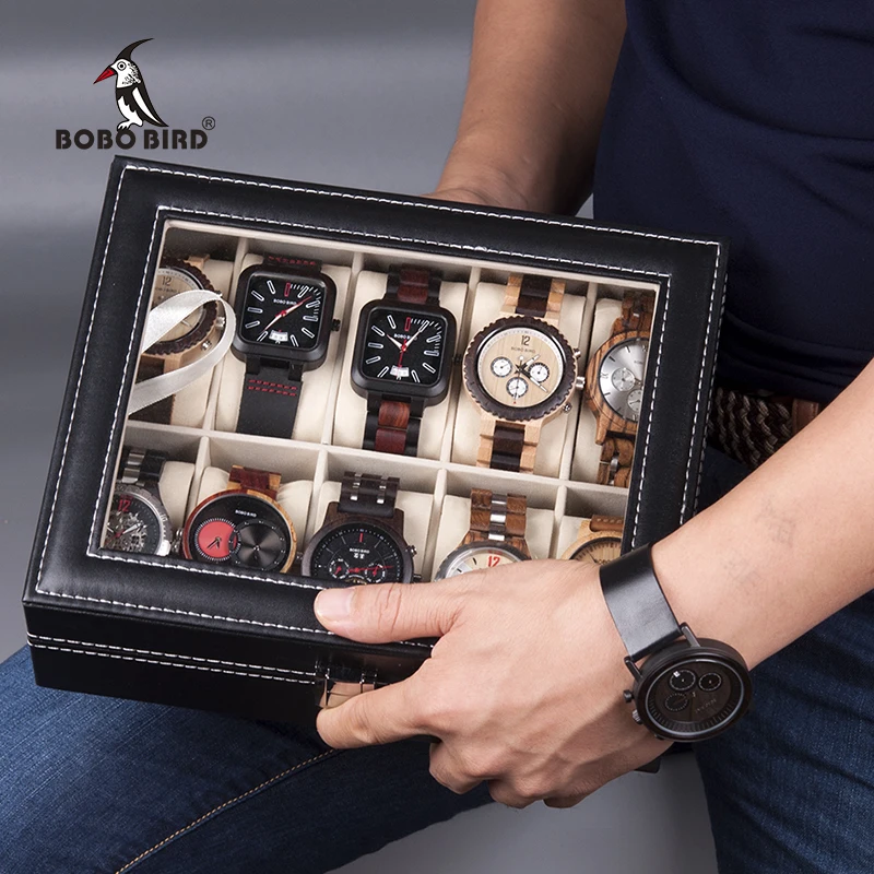 BOBO BIRD-caja de exhibición de reloj de pulsera de polipiel, organizador de almacenamiento, Soporte para reloj, vitrina de joyería, saat kutusu