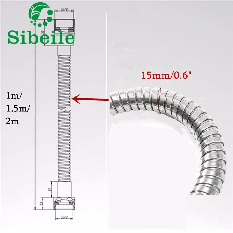 SBLE 1m/1.5m/ 2m G1/2 Inch Flexible Shower Hose Stainless Steel Chrome Bathroom Accessories Water Head Showerhead Pipe