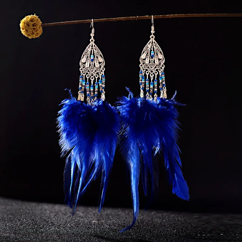Gypsy Earring For Women Dangle Feather White Long Ear Jewelry Bohemia Vintage Trendy Beads Drop Earrings Fashion Jewelry