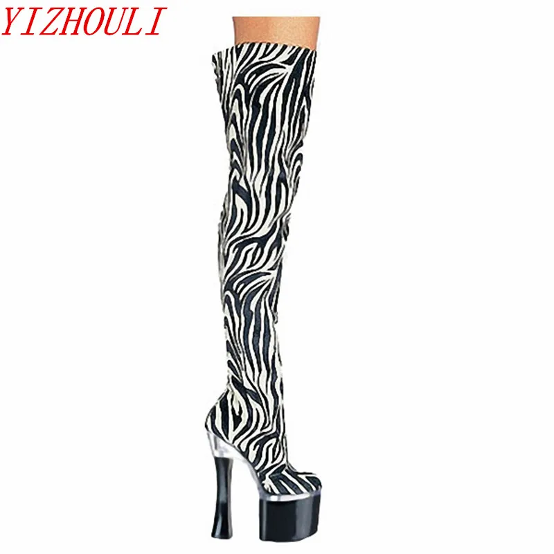 

7 inch Women's Shoes sexy zebra-stripe Slouchy Over the Knee Comfortable Trendy Round Toe 18cm Thigh High Heel Dance Shoe