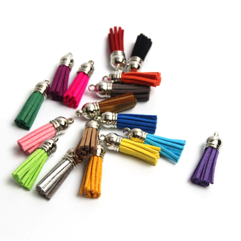 10pcs/lot silver plated plated Color Cap 38mm(1.49in) Leather Tassel for Keychain DIY Decoration Purl Bag borlas de colores