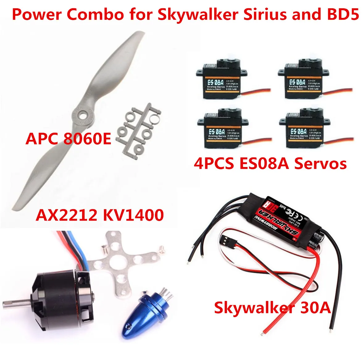 

Power Combo for Skywalker Sirius and BD5 (AX2212 kv1400 Motor APC8060E prop Skywalker 30A ESC 4xES08A Servos)