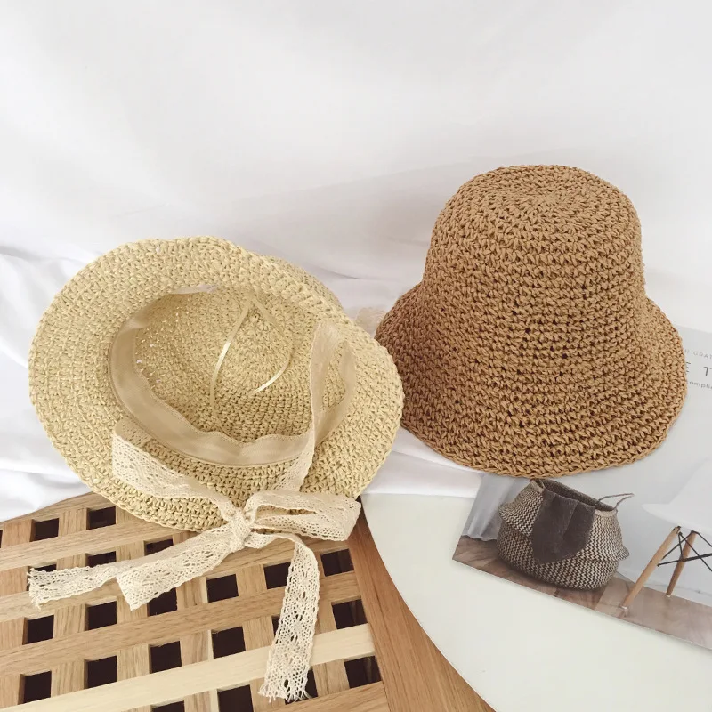 Baby Straw Bucket Hat for Girls Boys Summer Beach Travel Kids Hats with Adjustable Lace Windproof Rope  Fashion Accessories 2-6Y