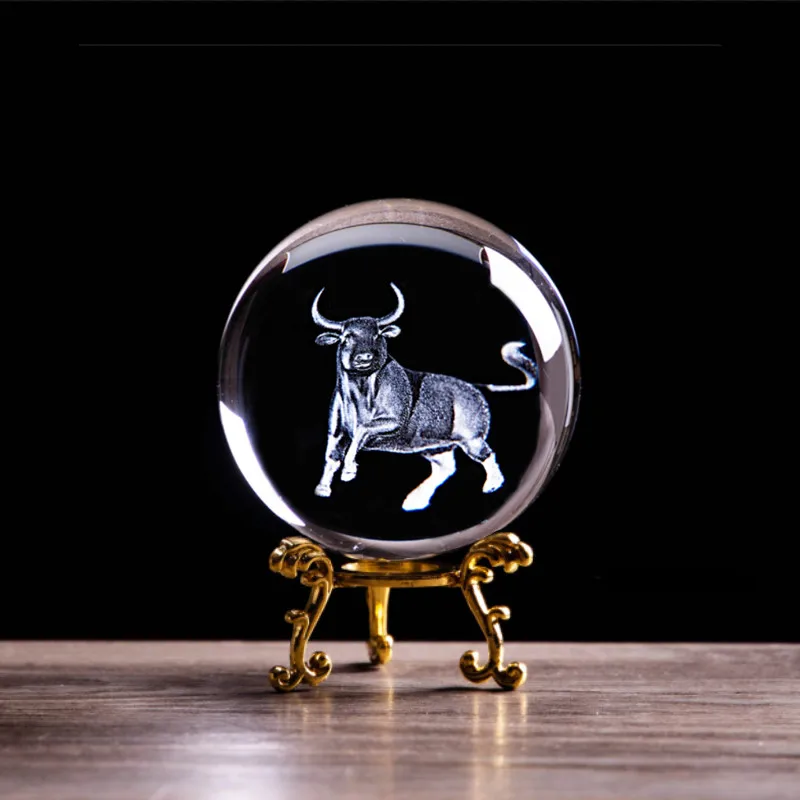 Animal Zodiac Cow Figurines Crystal Ball Charging Stock Market Bull Feng Shui Glass Marbles Sphere Globe Home Art Decoration