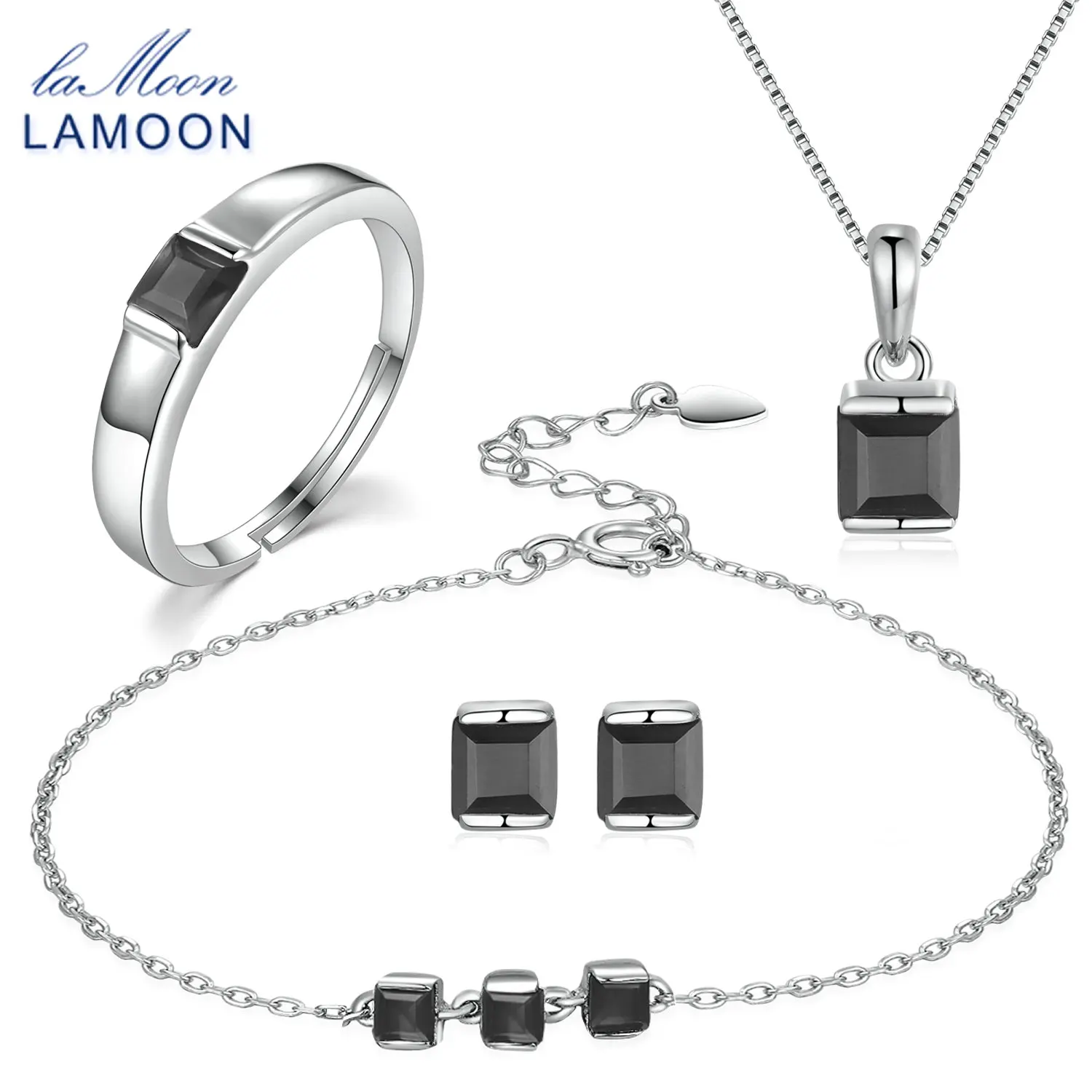 LAMOON 4x4mm 0.6ct Natural Black Chalcedony Jewelry Sets S925 Rings+Earrings+Necklace+Bracelet For Women Gift V008-B-1