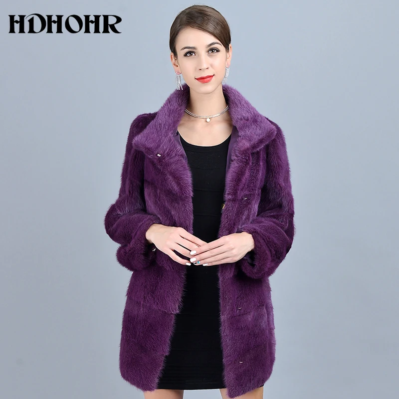 Hdhhr 2025 casacos de pele de vison real de alta qualidade moda roxo deslocamento-lazer jaquetas de vison natural quente gola jaqueta de pele