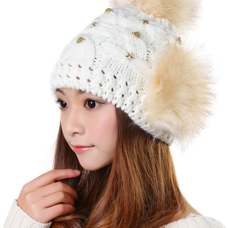 

BomHCS Luxurious Women Hair Ball Ear Muff Knitted Hat Autumn Winter Crochet Knit Baggy Warm Beanie Hats Cap