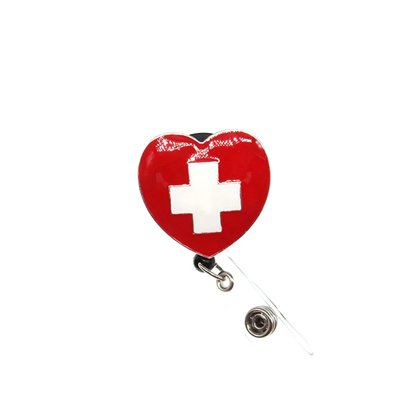 50PCS/Lot hot sell free shipping Red heart Medical Nurse Retractable ID Badge Reel/Holder