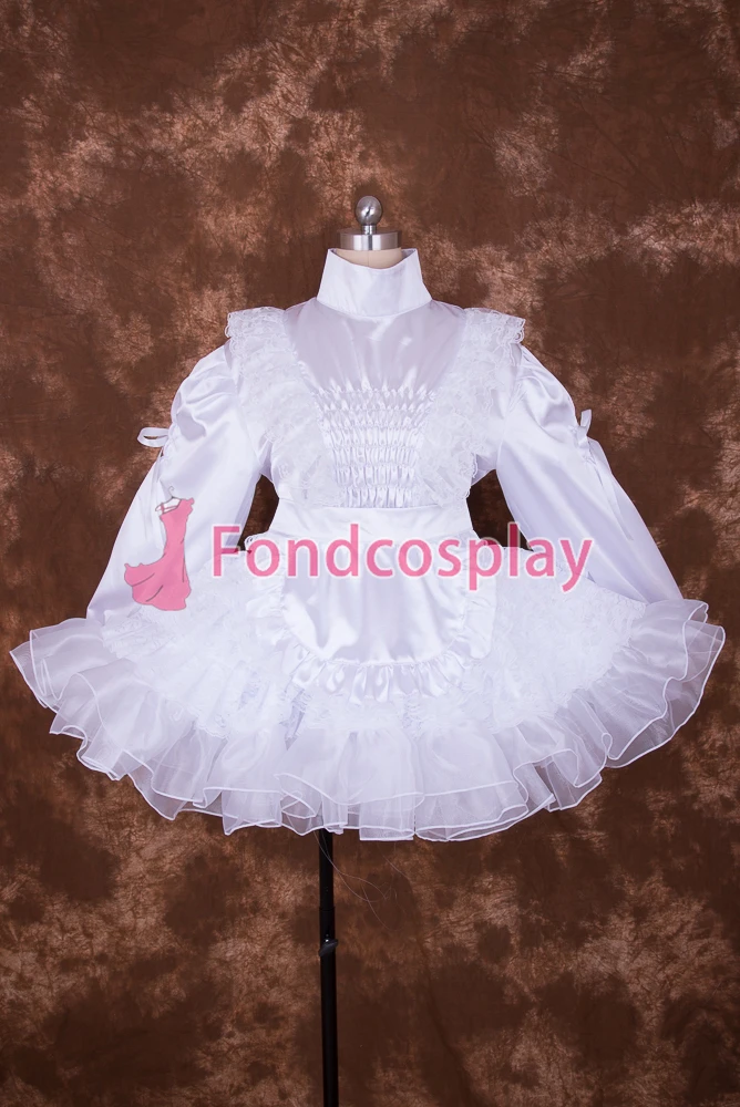 

fondcosplay adult sexy cross dressing sissy maid short Lockable White Satin organza Lace Dress apron Costume Uniform[S004]