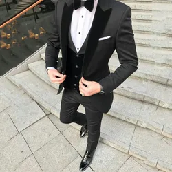 Custom Made Black Men Suits Man Groom Suit Wedding Suits For Man Tuxedos Peaked Lapel  Velvet Vest Coat Pants Blazer Masculino