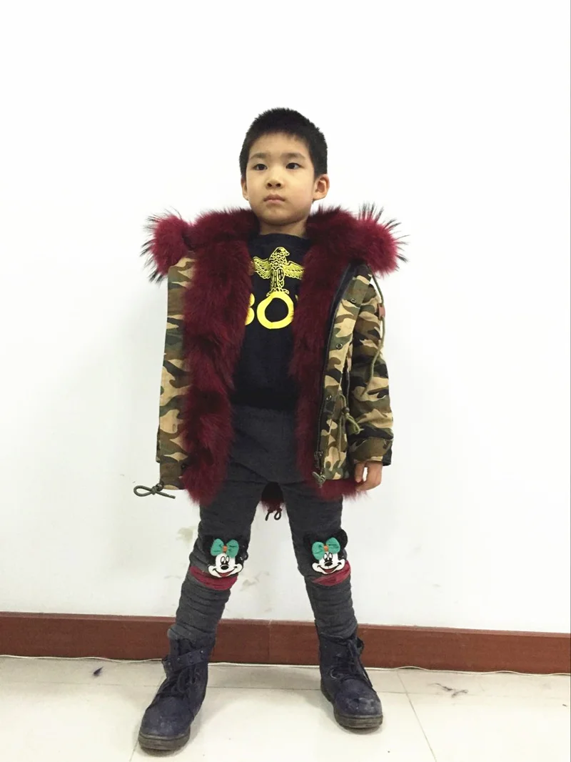 

Burgundy Fox Fur Lined Parka For Boys And Girls Short Style Fashion Big Fur Collar Coat Camouflage Shell Wear