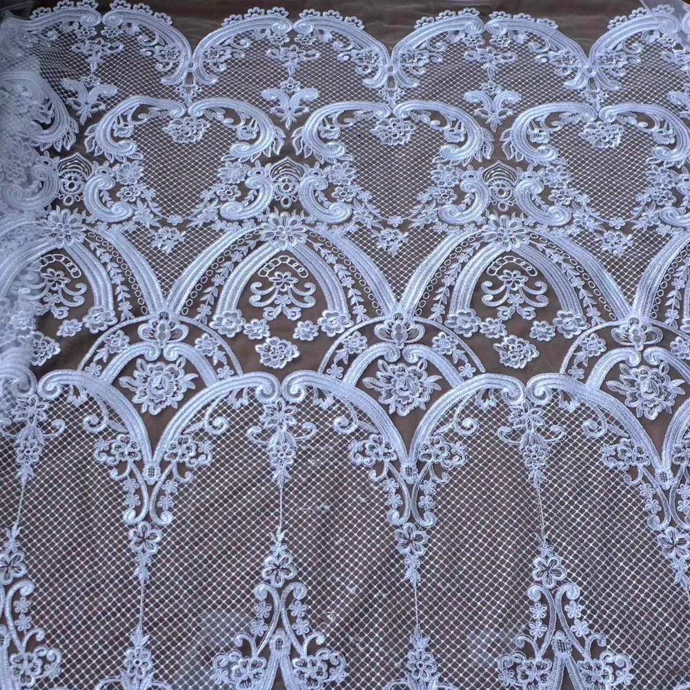 High-end Elegant Fine Workmanship Off white/Black Tulle Mesh Embroidered Wedding Lace Fabric Sewing Fabric 1yard