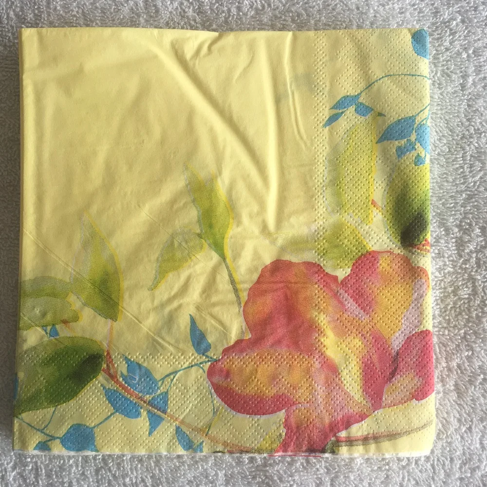 Decoupag paper napkin wedding birthday party Christmas vintage yellow tissue print red flower blue green leaf servilletas decor