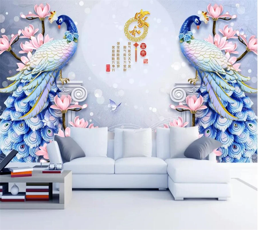 beibehang Custom wallpaper 3d photo mural stereo relief peacock magnolia sofa background wall decorative painting 3d wallpaper