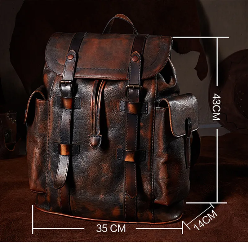 Denny&Dora Luxury Mens Cow Leather Backpack Mens Bag Dark Brown Simple Military Style