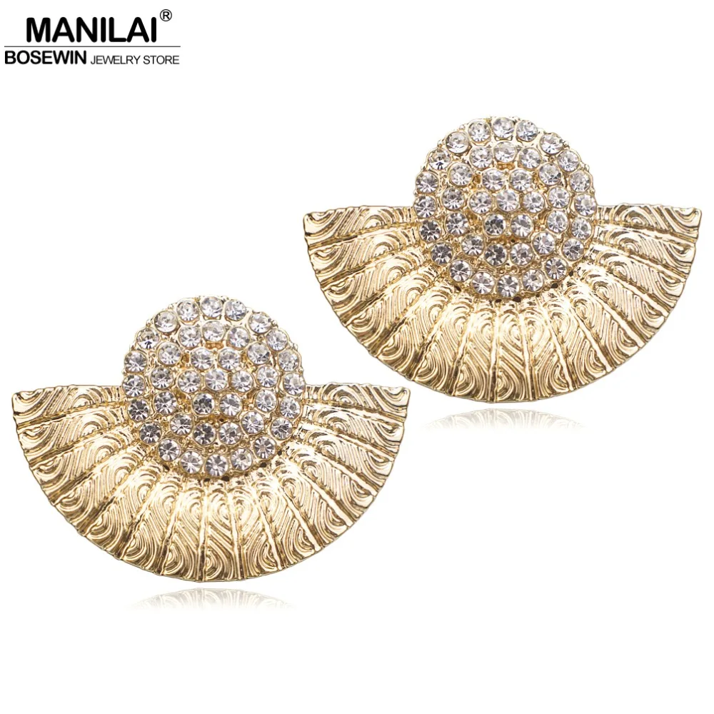 MANILAI Fan shaped Alloy Rhinestone Vintage Stud Earrings Women Fashion Jewelry Metal Statement Earring Gold Color