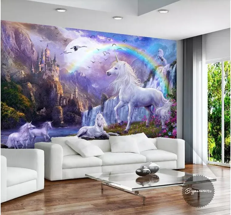 

Custom 3d photo wallpaper 3d wall mural wallpaper Blue sky rainbow waterfall white horse animal landscape paintings 3d wallpaper